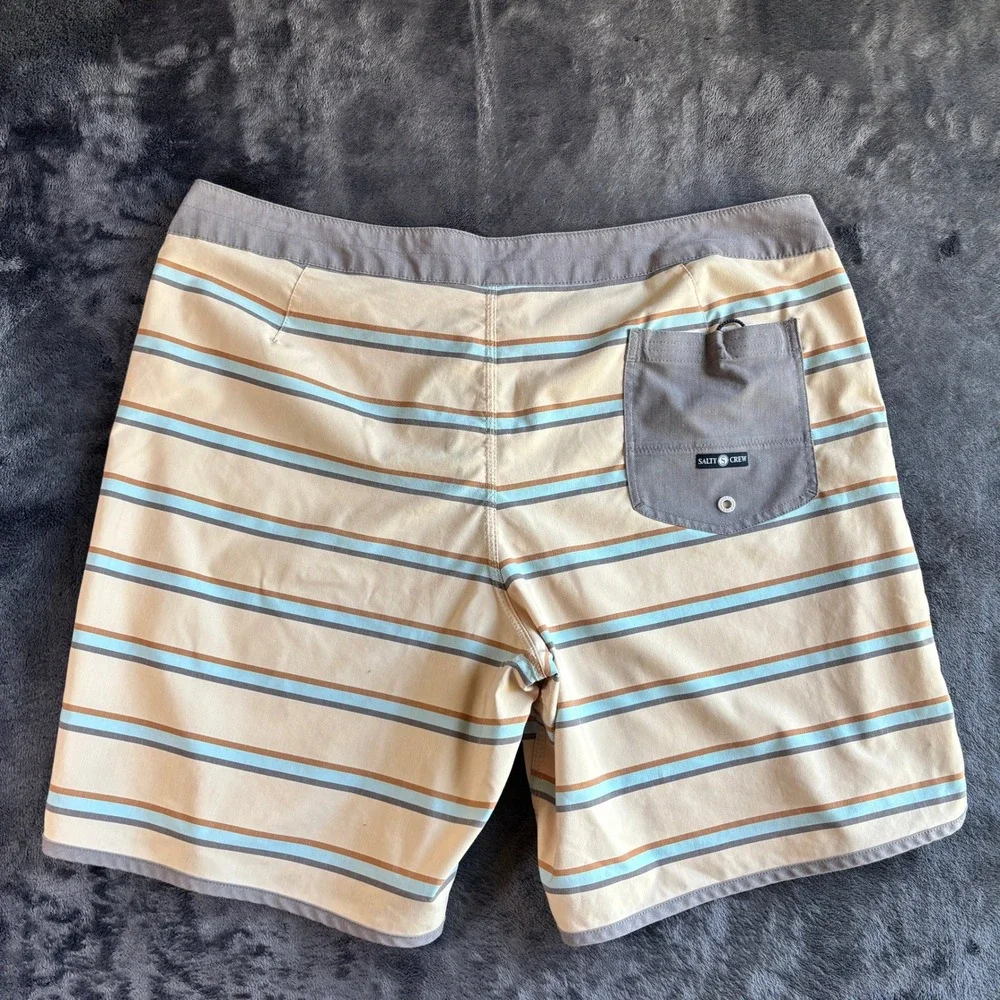 Salty Crew Mens Repreve Board Shorts Striped Surf Beach 38 Tan Blue Brown